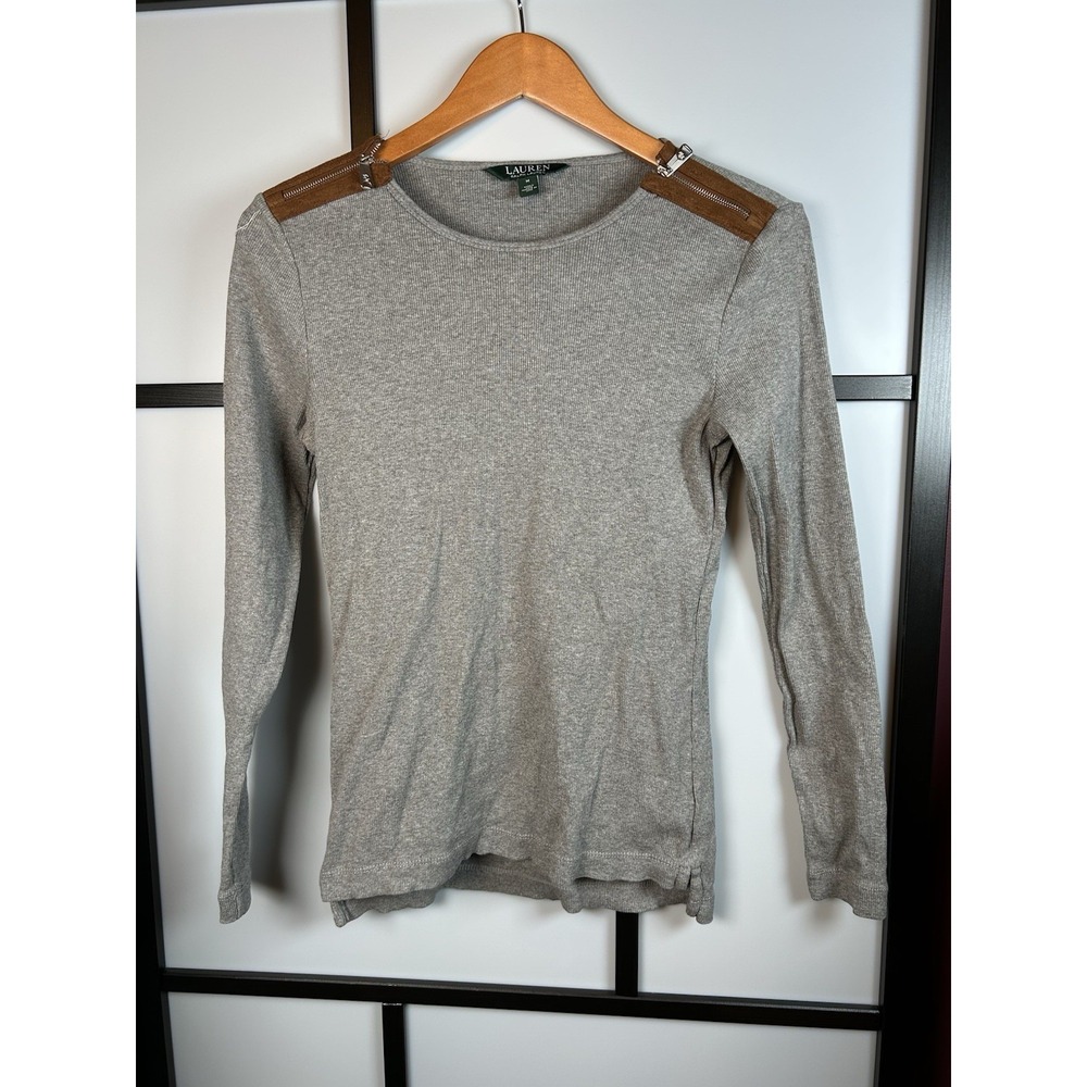Lauren Ralph Lauren Gray Knit Top Shirt Faux Suede Zipper Shoulders Women Size M